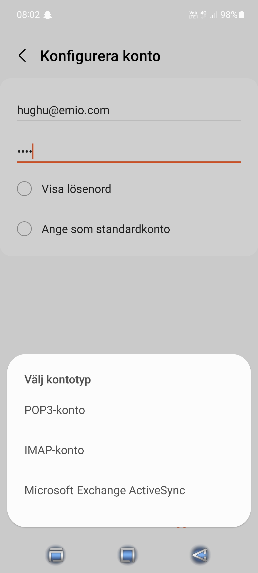 Android välj pop eller imap