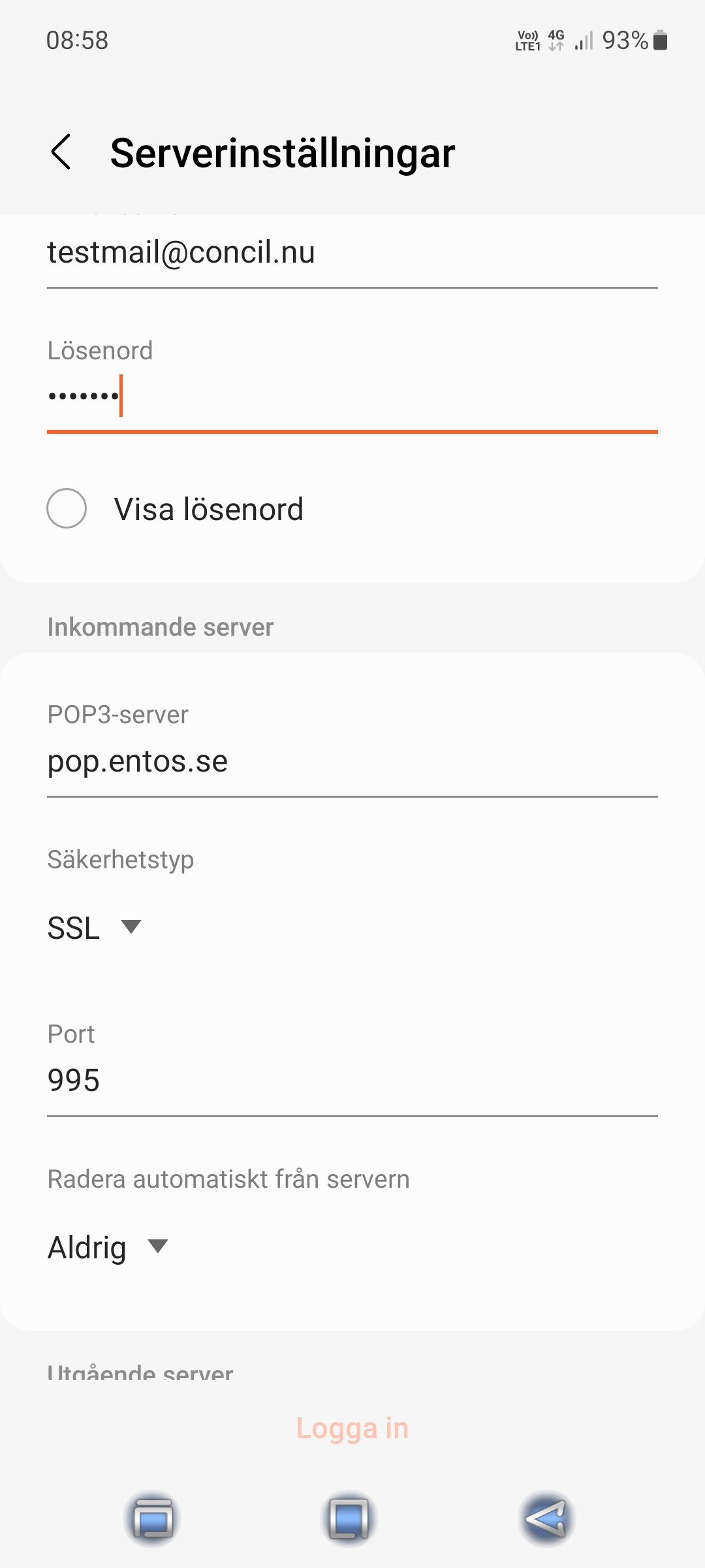 Android inställningar för inkommande e-post