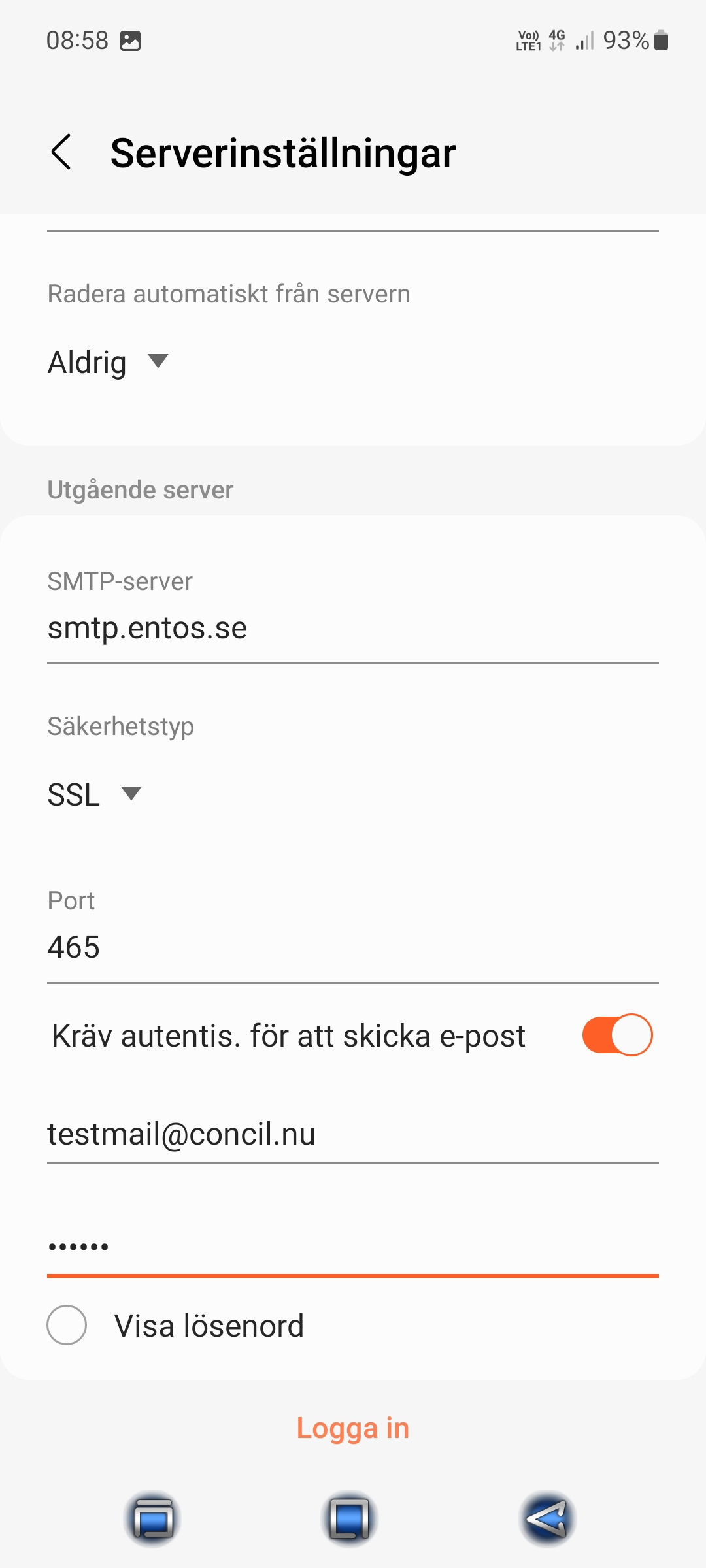 Android inställningar för utgående e-post