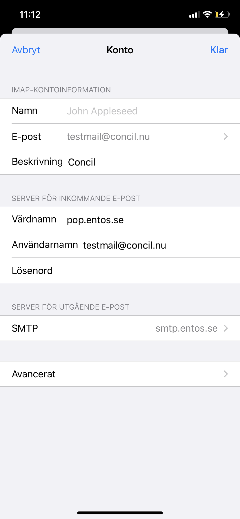 Iphone fyll i uppgifter och välj avancerat